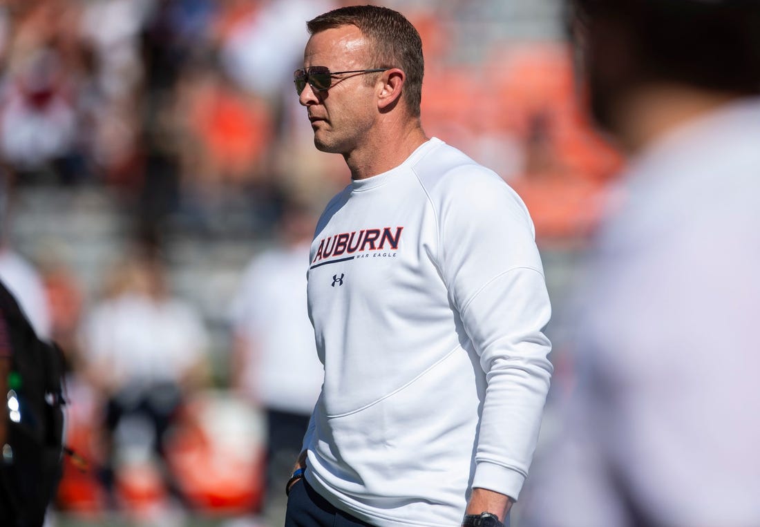 Auburn Tigers head coach Bryan Harsin  looks on during warm ups before Auburn Tigers take on Missouri Tigers at Jordan-Hare Stadium in Auburn, Ala., on Saturday, Sept. 24, 2022.