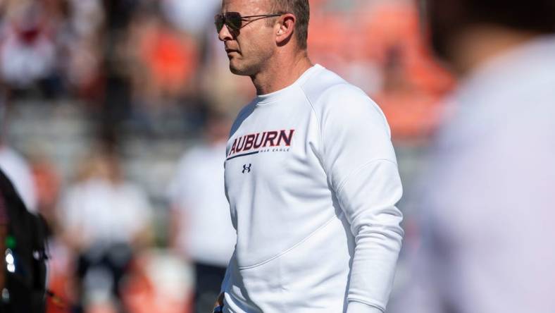 Auburn Tigers head coach Bryan Harsin  looks on during warm ups before Auburn Tigers take on Missouri Tigers at Jordan-Hare Stadium in Auburn, Ala., on Saturday, Sept. 24, 2022.