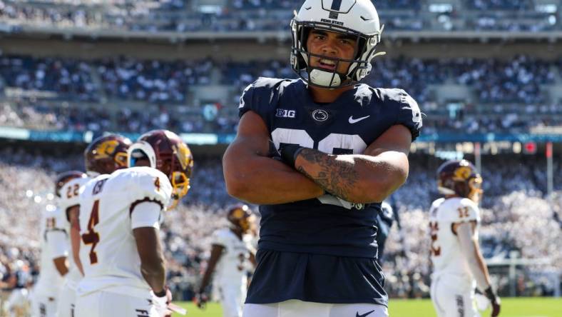 Sep 24, 2022; University Park, Pennsylvania, USA; Penn State Nittany Lions tight end Brenton Strange (86) reacts after scoring a touchdown during the first quarter against the Central Michigan Chippewas at Beaver Stadium. Mandatory Credit: Matthew OHaren-USA TODAY Sports