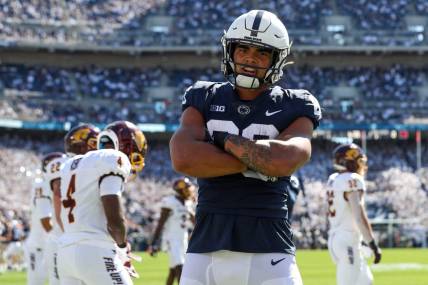 Sep 24, 2022; University Park, Pennsylvania, USA; Penn State Nittany Lions tight end Brenton Strange (86) reacts after scoring a touchdown during the first quarter against the Central Michigan Chippewas at Beaver Stadium. Mandatory Credit: Matthew OHaren-USA TODAY Sports