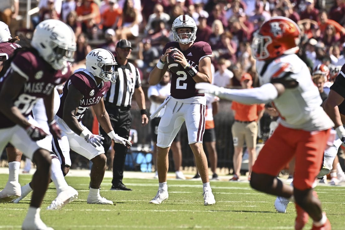 Sep 24, 2022; Starkville, Mississippi, USA; Mississippi State Bulldogs quarterback Will Rogers (2) looks to pass against the Bowling Green Falcons during the first quarter at Davis Wade Stadium at Scott Field. Mandatory Credit: Matt Bush-USA TODAY Sports