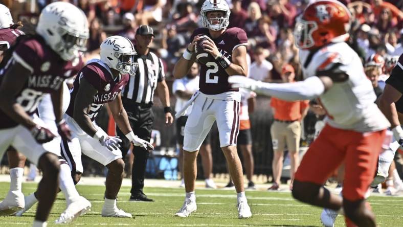 Sep 24, 2022; Starkville, Mississippi, USA; Mississippi State Bulldogs quarterback Will Rogers (2) looks to pass against the Bowling Green Falcons during the first quarter at Davis Wade Stadium at Scott Field. Mandatory Credit: Matt Bush-USA TODAY Sports