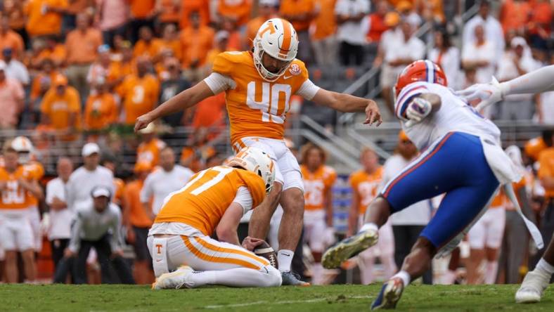 Sep 24, 2022; Knoxville, Tennessee, USA; Tennessee Volunteers place kicker Chase McGrath (40) kicks a field goal against the Florida Gators during the first quarter at Neyland Stadium. Mandatory Credit: Randy Sartin-USA TODAY Sports