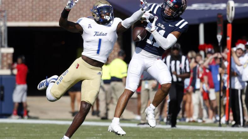 Sep 24, 2022; Oxford, Mississippi, USA; Tulsa Golden Hurricane defensive back Kendarin Ray (1) breaks up a pass intended for Mississippi Rebels wide receiver Jordan Watkins (11) during the first half at Vaught-Hemingway Stadium. Mandatory Credit: Petre Thomas-USA TODAY Sports