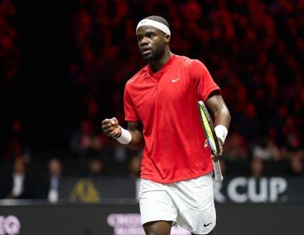 Sep 24, 2022; London, United Kingdom;
Frances Tiafoe (USA) reacts to a point against Novak Djokovic (SRB) in a Laver Cup singles match.  Mandatory Credit: Peter van den Berg-USA TODAY Sports