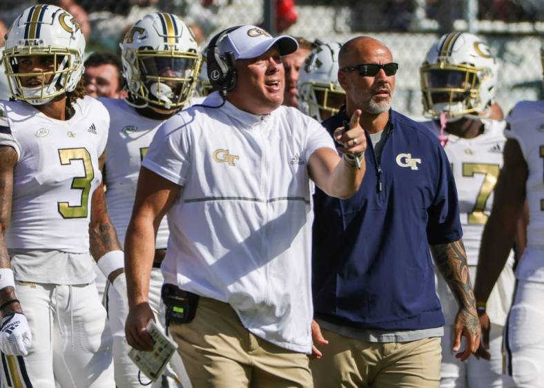 Sep 24, 2022; Orlando, Florida, USA; Georgia Tech Yellow Jackets head coach Geoff Collins reacts to a call during the first quarter against the UCF Knights at FBC Mortgage Stadium. Mandatory Credit: Mike Watters-USA TODAY Sports