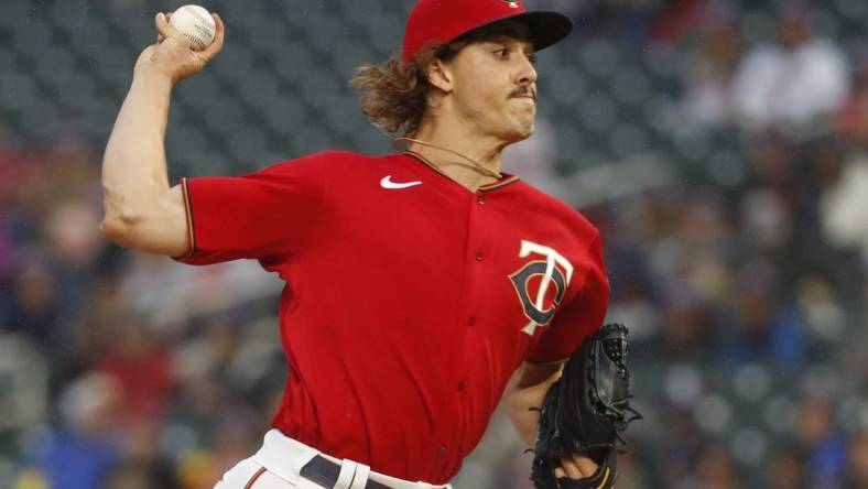 Sep 24, 2022; Minneapolis, Minnesota, USA; Minnesota Twins starting pitcher Joe Ryan (41) throws to the Los Angeles Angels in the first inning at Target Field. Mandatory Credit: Bruce Kluckhohn-USA TODAY Sports