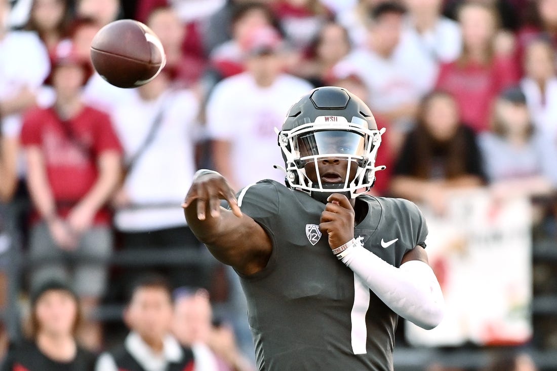 Sep 24, 2022; Pullman, Washington, USA; Washington State Cougars quarterback Cameron Ward (1) throws a pass against the Oregon Ducks in the second half at Gesa Field at Martin Stadium. Ducks won 44-41. Mandatory Credit: James Snook-USA TODAY Sports