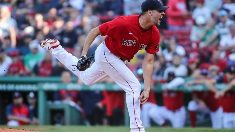 Sep 17, 2022; Boston, Massachusetts, USA;  Boston Red Sox starting pitcher Rich Hill (44) at Fenway Park. Mandatory Credit: Wendell Cruz-USA TODAY Sports