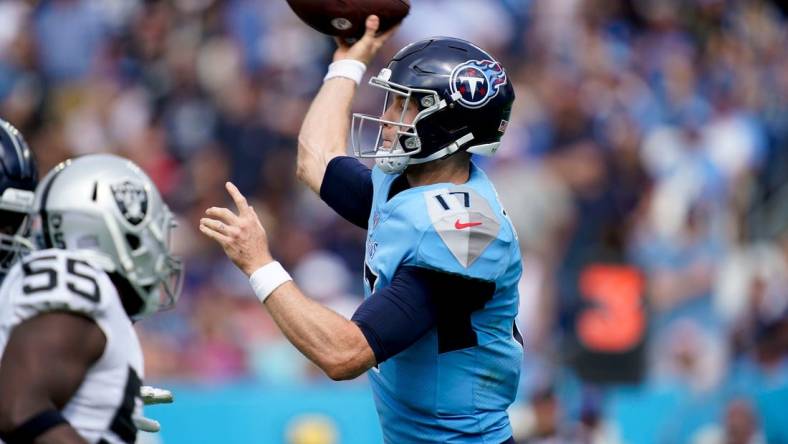 Tennessee Titans quarterback Ryan Tannehill (17) throws an interception during the third quarter at Nissan Stadium Sunday, Sept. 25, 2022, in Nashville, Tenn.

Nfl Las Vegas Raiders At Tennessee Titans