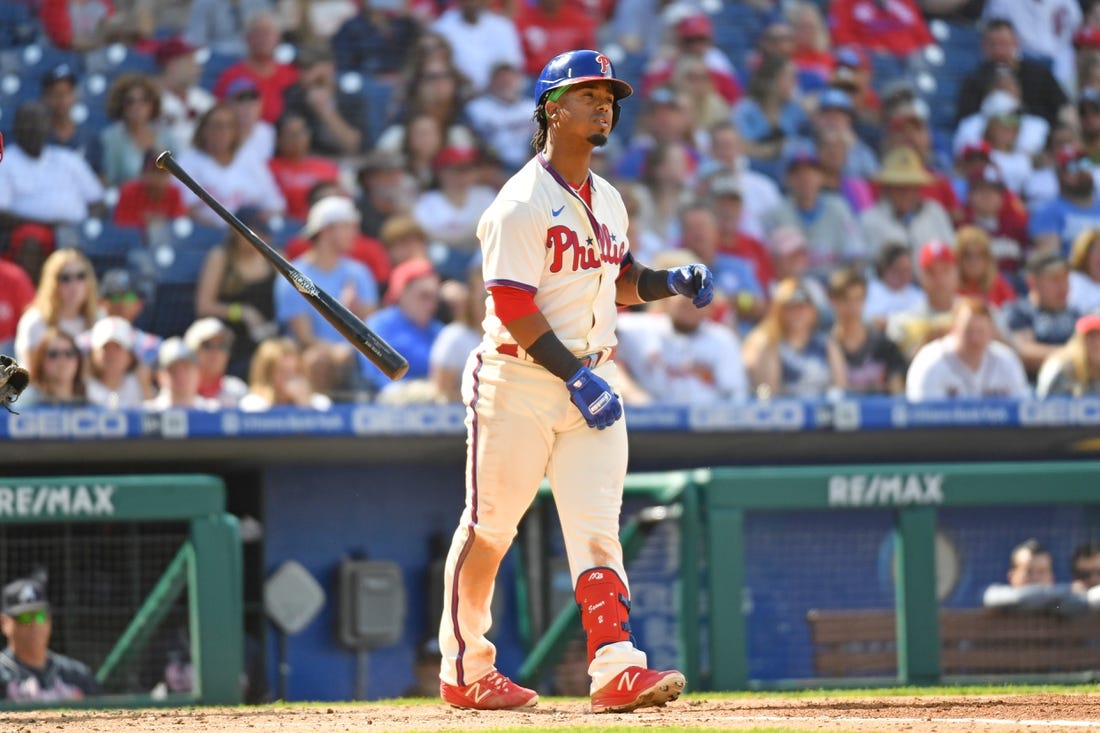 Sep 25, 2022; Philadelphia, Pennsylvania, USA; Philadelphia Phillies second baseman Jean Segura (2) reacts after striking out against the Atlanta Braves during the third inning at Citizens Bank Park. Mandatory Credit: Eric Hartline-USA TODAY Sports