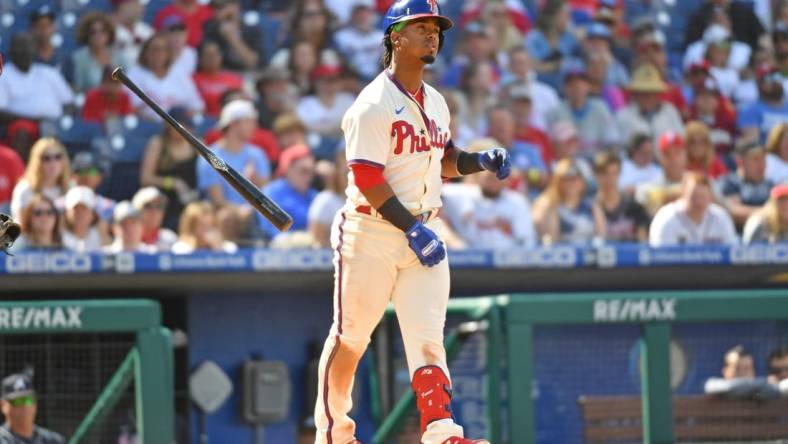 Sep 25, 2022; Philadelphia, Pennsylvania, USA; Philadelphia Phillies second baseman Jean Segura (2) reacts after striking out against the Atlanta Braves during the third inning at Citizens Bank Park. Mandatory Credit: Eric Hartline-USA TODAY Sports