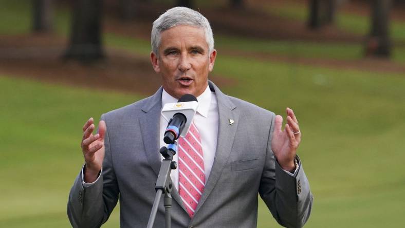 Sep 25, 2022; Charlotte, North Carolina, USA; PGA Tour commissioner Jay Monahan talks during the singles match play of the Presidents Cup golf tournament at Quail Hollow Club. Mandatory Credit: Peter Casey-USA TODAY Sports