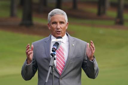 Sep 25, 2022; Charlotte, North Carolina, USA; PGA Tour commissioner Jay Monahan talks during the singles match play of the Presidents Cup golf tournament at Quail Hollow Club. Mandatory Credit: Peter Casey-USA TODAY Sports