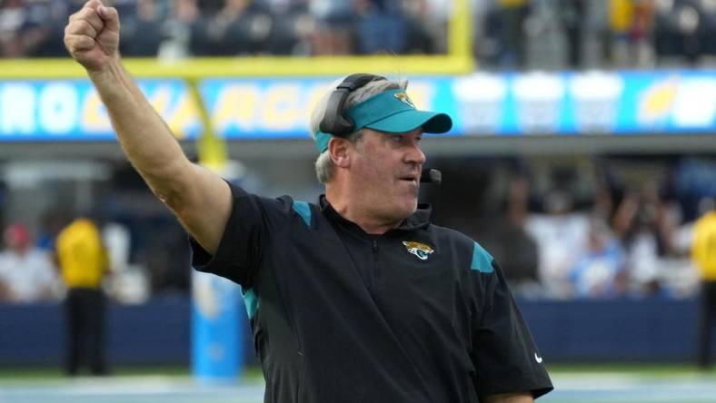 Sep 25, 2022; Inglewood, California, USA; Jacksonville Jaguars head coach Doug Pederson celebrates in the fourth quarter against the Los Angeles Chargers at SoFi Stadium. Mandatory Credit: Kirby Lee-USA TODAY Sports