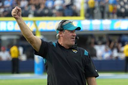 Sep 25, 2022; Inglewood, California, USA; Jacksonville Jaguars head coach Doug Pederson celebrates in the fourth quarter against the Los Angeles Chargers at SoFi Stadium. Mandatory Credit: Kirby Lee-USA TODAY Sports