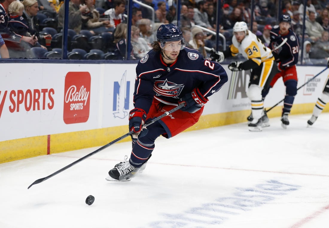 Sep 25, 2022; Columbus, Ohio, USA; Columbus Blue Jackets defenseman Andrew Peeke (2) looks to pass the puck during the first period against the Pittsburgh Penguins at Nationwide Arena. Mandatory Credit: Joseph Maiorana-USA TODAY Sports