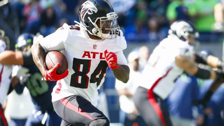 Sep 25, 2022; Seattle, Washington, USA; Atlanta Falcons running back Cordarrelle Patterson (84) rushes against the Seattle Seahawks during the first quarter at Lumen Field. Mandatory Credit: Joe Nicholson-USA TODAY Sports