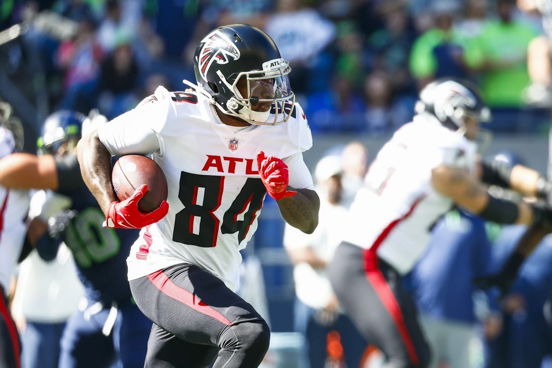 Sep 25, 2022; Seattle, Washington, USA; Atlanta Falcons running back Cordarrelle Patterson (84) rushes against the Seattle Seahawks during the first quarter at Lumen Field. Mandatory Credit: Joe Nicholson-USA TODAY Sports