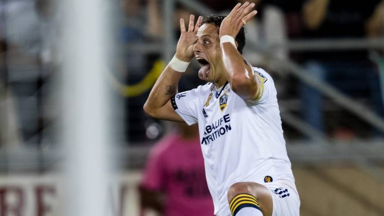 Sep 24, 2022; Stanford, California, USA; Los Angeles Galaxy forward Javier Hernandez (14) celebrates after scoring against the San Jose Earthquakes during the second half at Stanford Stadium. Mandatory Credit: John Hefti-USA TODAY Sports