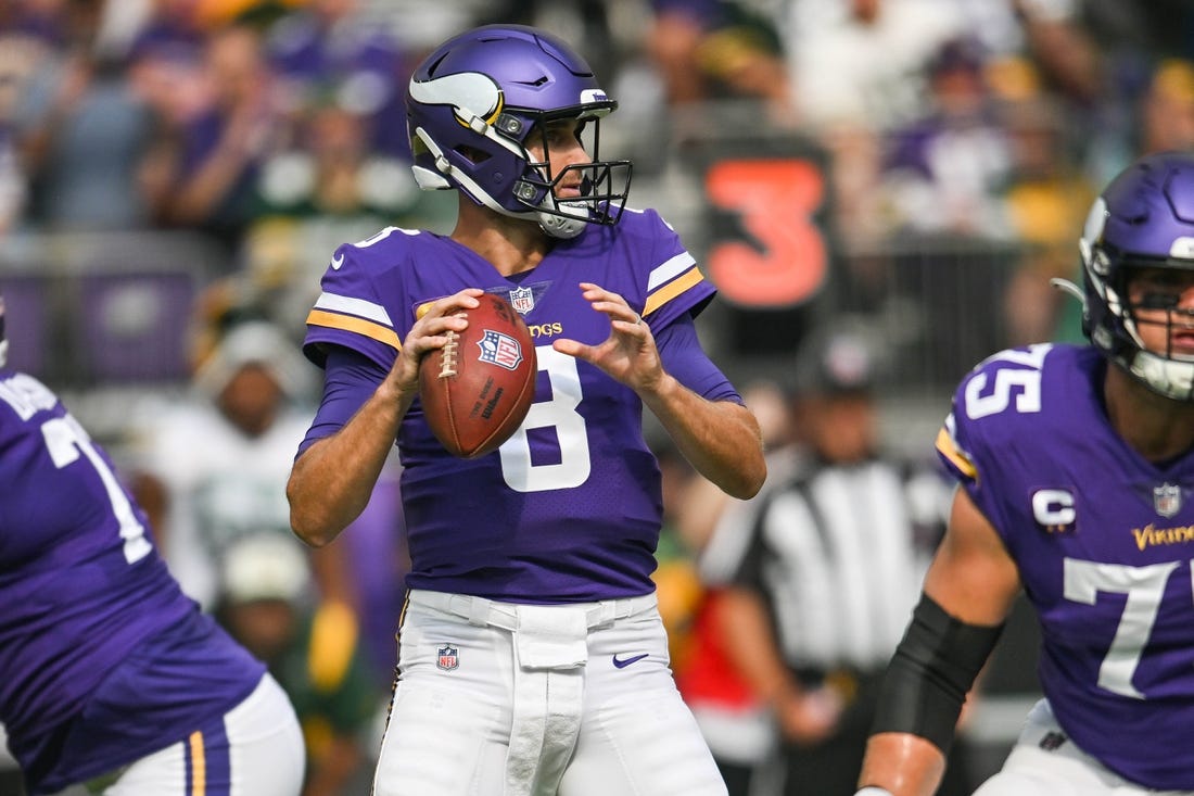 Sep 11, 2022; Minneapolis, Minnesota, USA; Minnesota Vikings quarterback Kirk Cousins (8) in action against the Green Bay Packers at U.S. Bank Stadium. Mandatory Credit: Jeffrey Becker-USA TODAY Sports