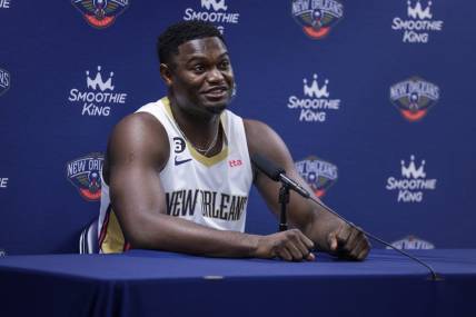 Sep 26, 2022; New Orleans, LA, USA;  New Orleans Pelicans forward Zion Williamson (1) during a press conference at the New Orleans Pelicans Media Day from the Smoothie King Center. Mandatory Credit: Stephen Lew-USA TODAY Sports