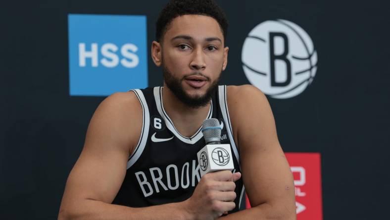 Sep 26, 2022; Brooklyn, NY, USA; Brooklyn Nets guard Ben Simmons (10) talks to the media during media day at HSS Training Center. Mandatory Credit: Vincent Carchietta-USA TODAY Sports