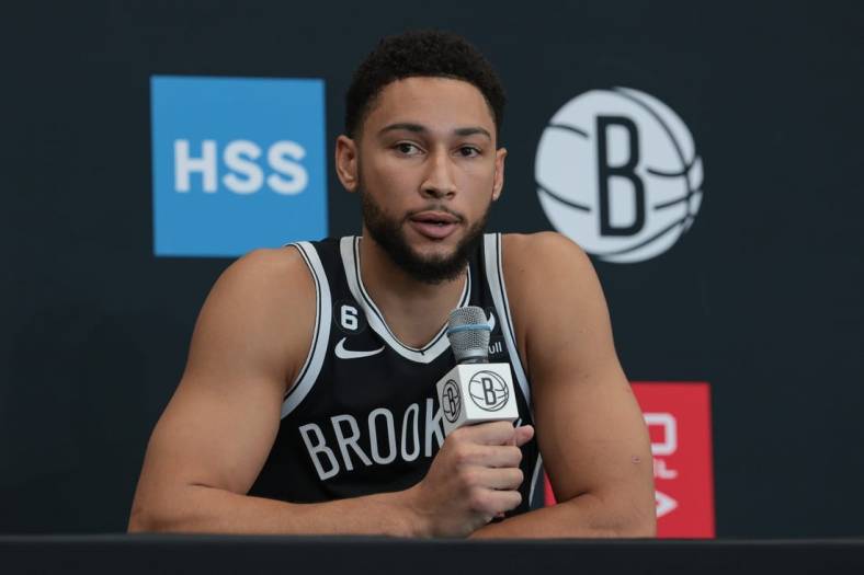 Sep 26, 2022; Brooklyn, NY, USA; Brooklyn Nets guard Ben Simmons (10) talks to the media during media day at HSS Training Center. Mandatory Credit: Vincent Carchietta-USA TODAY Sports
