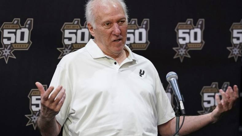 Sep 26, 2022; San Antonio, TX, USA; San Antonio Spurs head coach Gregg Popovich talks to the media during Media Day. Mandatory Credit: Scott Wachter-USA TODAY Sports