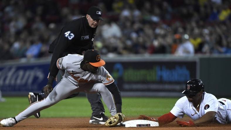 Sep 26, 2022; Boston, Massachusetts, USA; Boston Red Sox third baseman Rafael Devers (11) slides safely into second base ahead of the tag of Baltimore Orioles shortstop Jorge Mateo (3) during the first inning at Fenway Park. Mandatory Credit: Bob DeChiara-USA TODAY Sports