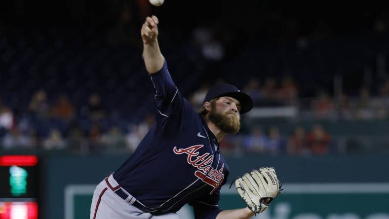 Sep 26, 2022; Washington, District of Columbia, USA; Atlanta Braves starting pitcher Bryce Elder (55) pitches against the Washington Nationals during the first inning at Nationals Park. Mandatory Credit: Geoff Burke-USA TODAY Sports