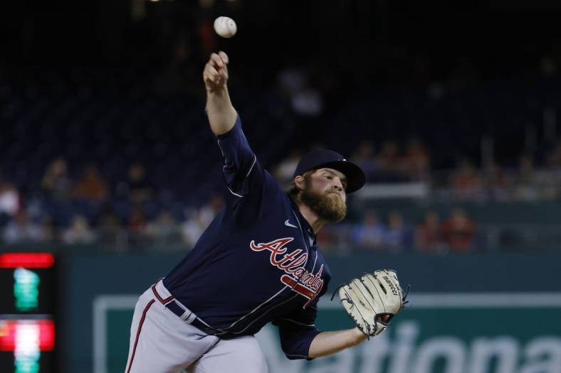 Sep 26, 2022; Washington, District of Columbia, USA; Atlanta Braves starting pitcher Bryce Elder (55) pitches against the Washington Nationals during the first inning at Nationals Park. Mandatory Credit: Geoff Burke-USA TODAY Sports