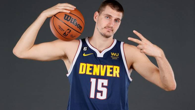 Sep 26, 2022; Denver, CO, USA; Denver Nuggets center Nikola Jokic (15) during media day at Ball Arena. Mandatory Credit: Isaiah J. Downing-USA TODAY Sports