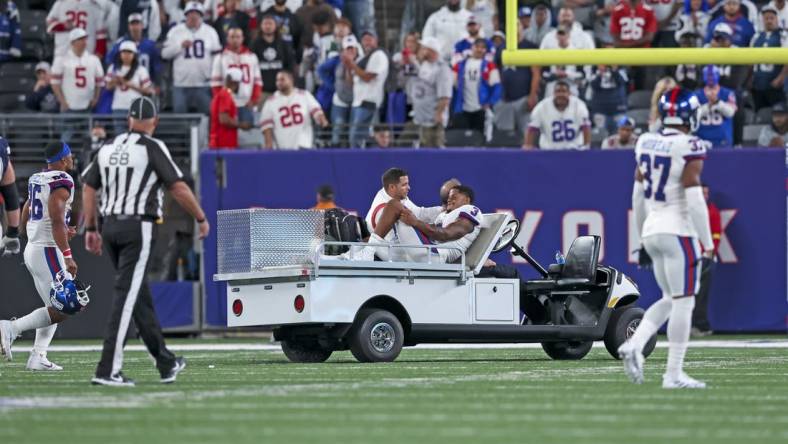 Sep 26, 2022; East Rutherford, New Jersey, USA;  New York Giants wide receiver Sterling Shepard (3) leaves on a cart after injuring himself during the second half against the Dallas Cowboys at MetLife Stadium. Mandatory Credit: Brad Penner-USA TODAY Sports