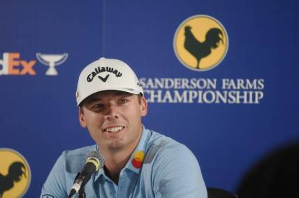 Defending champion Sam Burns speaks during an interview with the media during the Sanderson Farms Championship at the Country Club of Jackson in Jackson, Miss., Wednesday, Sept. 28, 2022. First-round tournament play begins Thursday.

Tcl Sfc Suber