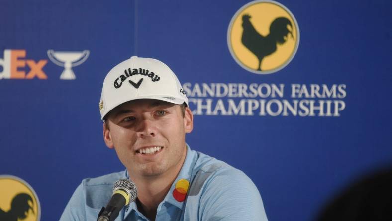 Defending champion Sam Burns speaks during an interview with the media during the Sanderson Farms Championship at the Country Club of Jackson in Jackson, Miss., Wednesday, Sept. 28, 2022. First-round tournament play begins Thursday.

Tcl Sfc Suber