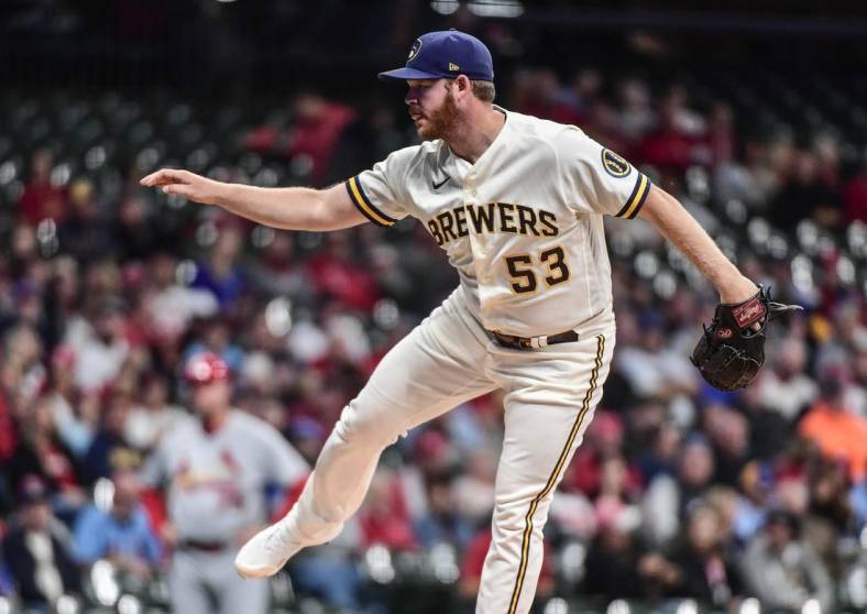 Sep 28, 2022; Milwaukee, Wisconsin, USA; Milwaukee Brewers pitcher Brandon Woodruff (53) throws a pitch in the first inning against the St. Louis Cardinals at American Family Field. Mandatory Credit: Benny Sieu-USA TODAY Sports