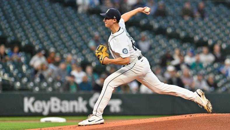 Sep 28, 2022; Seattle, Washington, USA; Seattle Mariners starting pitcher George Kirby (68) pitches to the Texas Rangers during the first inning at T-Mobile Park. Mandatory Credit: Steven Bisig-USA TODAY Sports