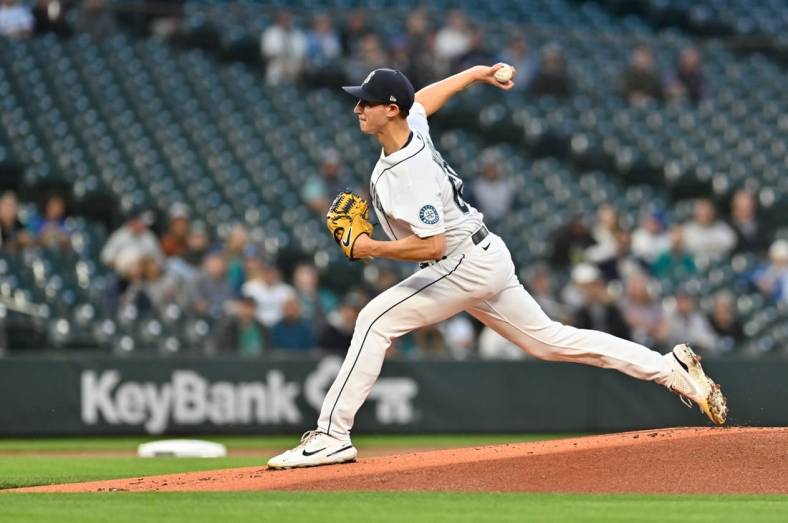 Sep 28, 2022; Seattle, Washington, USA; Seattle Mariners starting pitcher George Kirby (68) pitches to the Texas Rangers during the first inning at T-Mobile Park. Mandatory Credit: Steven Bisig-USA TODAY Sports