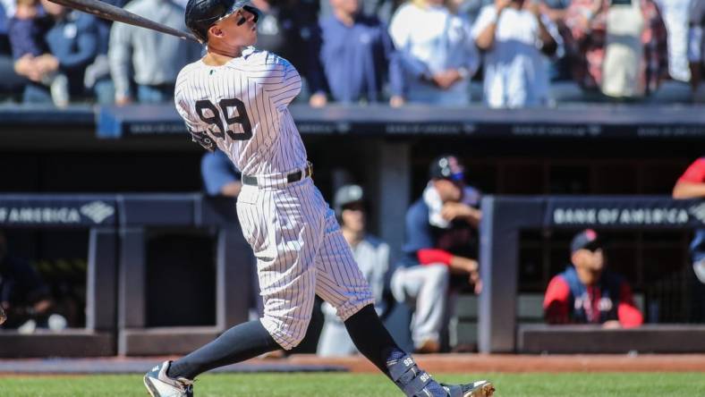 Sep 24, 2022; Bronx, New York, USA;  New York Yankees right fielder Aaron Judge (99) at Yankee Stadium. Mandatory Credit: Wendell Cruz-USA TODAY Sports