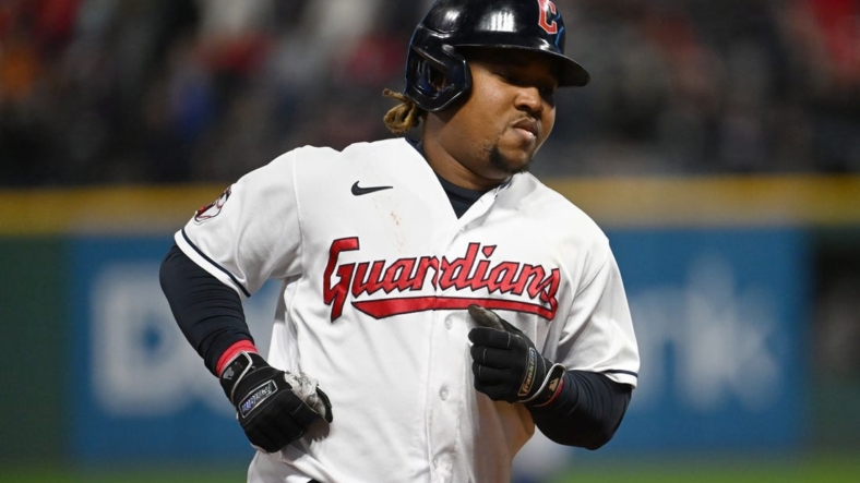 Sep 30, 2022; Cleveland, Ohio, USA; Cleveland Guardians third baseman Jose Ramirez (11) rounds the bases after hitting a home run during the sixth inning against the Kansas City Royals at Progressive Field. Mandatory Credit: Ken Blaze-USA TODAY Sports