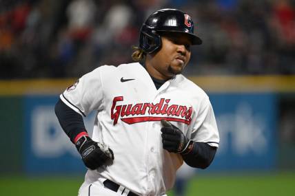 Sep 30, 2022; Cleveland, Ohio, USA; Cleveland Guardians third baseman Jose Ramirez (11) rounds the bases after hitting a home run during the sixth inning against the Kansas City Royals at Progressive Field. Mandatory Credit: Ken Blaze-USA TODAY Sports