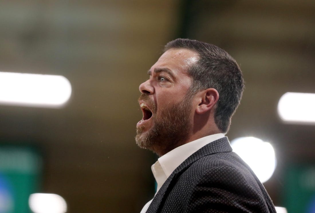 Manhattan basketball coach Steve Masiello yells at a referee during a MAAC basketball game against Iona at Manhattan College Feb 22, 2019. Iona defeated Manhattan 66-52.Iona Vs Manhattan Basketball