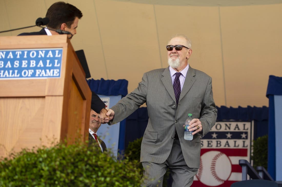 Jul 21, 2019; Cooperstown, NY, USA; Hall of Famer Bruce Sutter is introduced during the 2019 National Baseball Hall of Fame induction ceremony at the Clark Sports Center. Mandatory Credit: Gregory J. Fisher-USA TODAY Sports