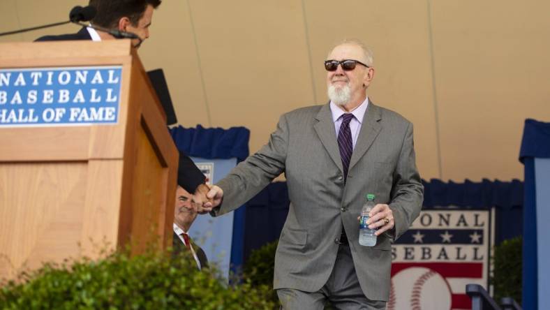 Jul 21, 2019; Cooperstown, NY, USA; Hall of Famer Bruce Sutter is introduced during the 2019 National Baseball Hall of Fame induction ceremony at the Clark Sports Center. Mandatory Credit: Gregory J. Fisher-USA TODAY Sports