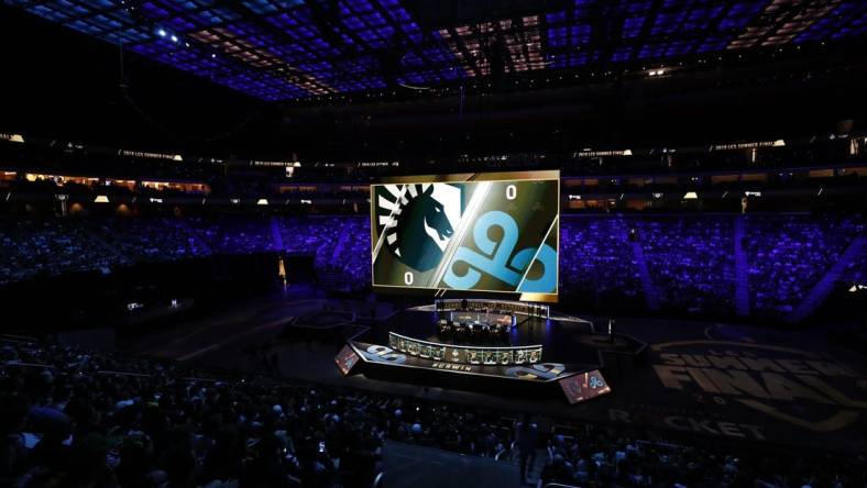 Aug 25, 2019; Detroit, MI, USA; The logos of both teams up on the screen just before the LCS Summer Finals event between Team Liquid and Team Cloud9 at Little Caesars Arena. Mandatory Credit: Raj Mehta-USA TODAY Sports