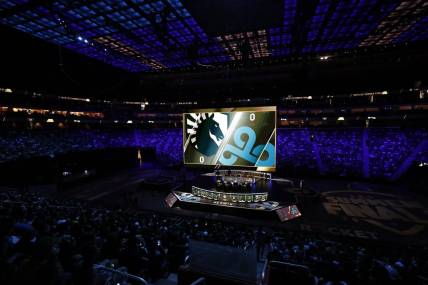 Aug 25, 2019; Detroit, MI, USA; The logos of both teams up on the screen just before the LCS Summer Finals event between Team Liquid and Team Cloud9 at Little Caesars Arena. Mandatory Credit: Raj Mehta-USA TODAY Sports