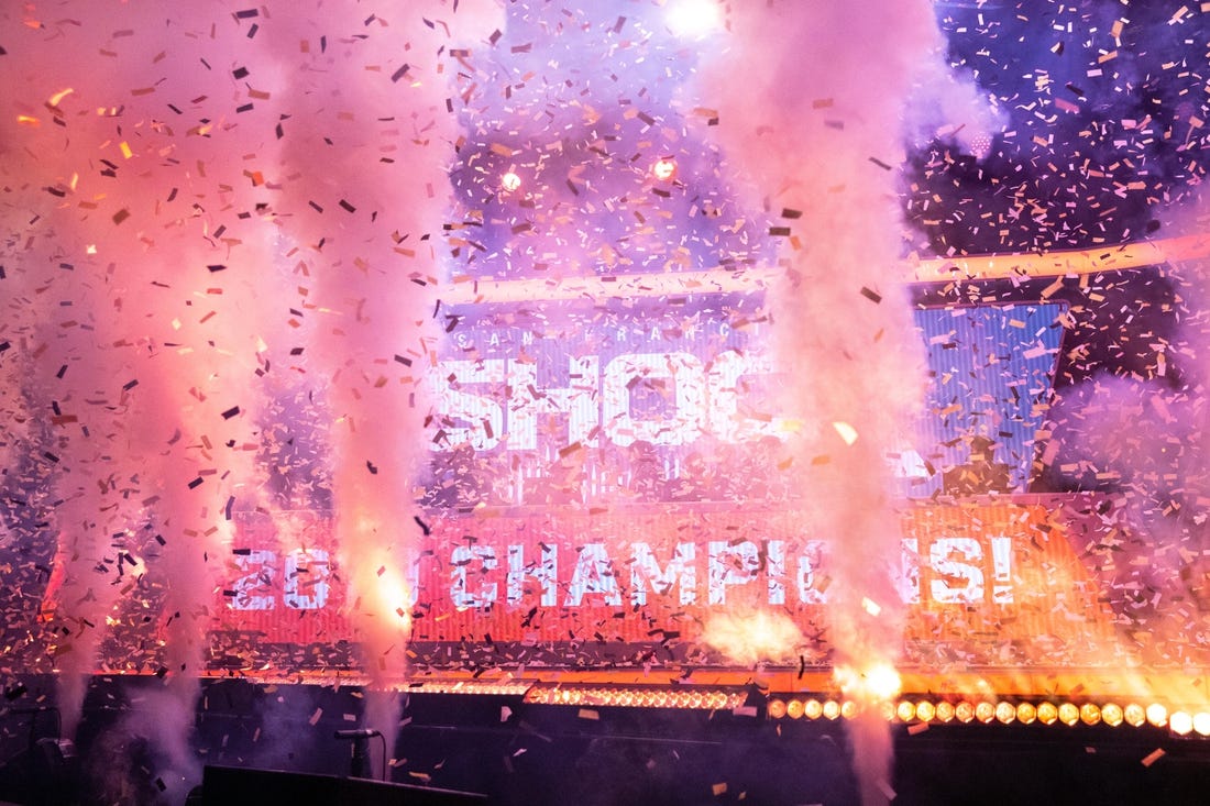 Sep 29, 2019; Philadelphia, PA, USA; The San Francisco Shock celebrate their victory in the 2019 Overwatch League Grand Finals e-sports championship against the Vancouver Titans at Wells Fargo Center. Mandatory Credit: Bill Streicher-USA TODAY Sports