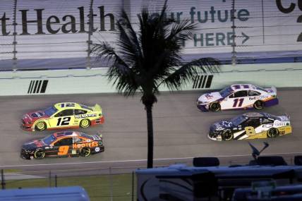 Jun 14, 2020; Homestead, Florida, USA; A general view as drivers race during the NASCAR Cup series race at Homestead-Miami Speedway. Mandatory Credit: Wilfredo Lee/Pool Photo via USA TODAY Network