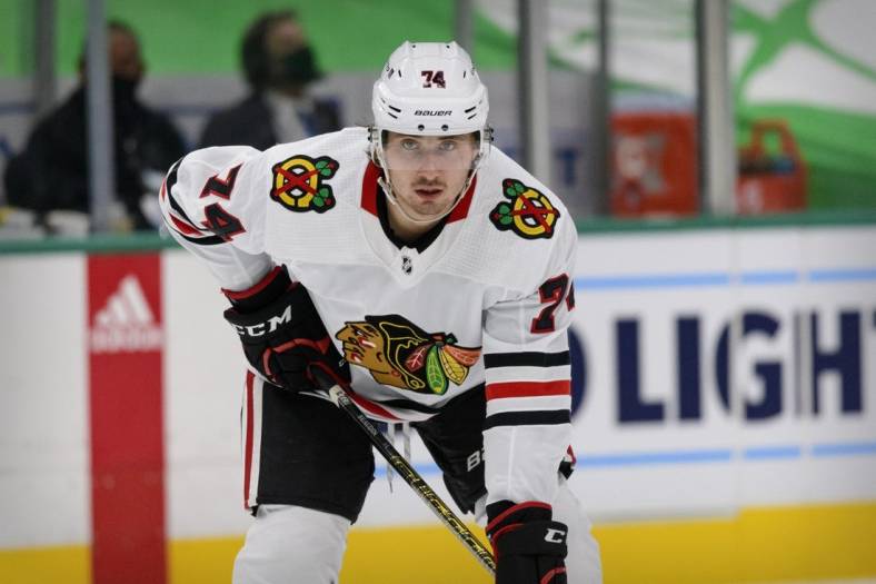 Feb 9, 2021; Dallas, Texas, USA; Chicago Blackhawks defenseman Nicolas Beaudin (74) in action during the game between the Dallas Stars and the Chicago Blackhawks at the American Airlines Center. Mandatory Credit: Jerome Miron-USA TODAY Sports